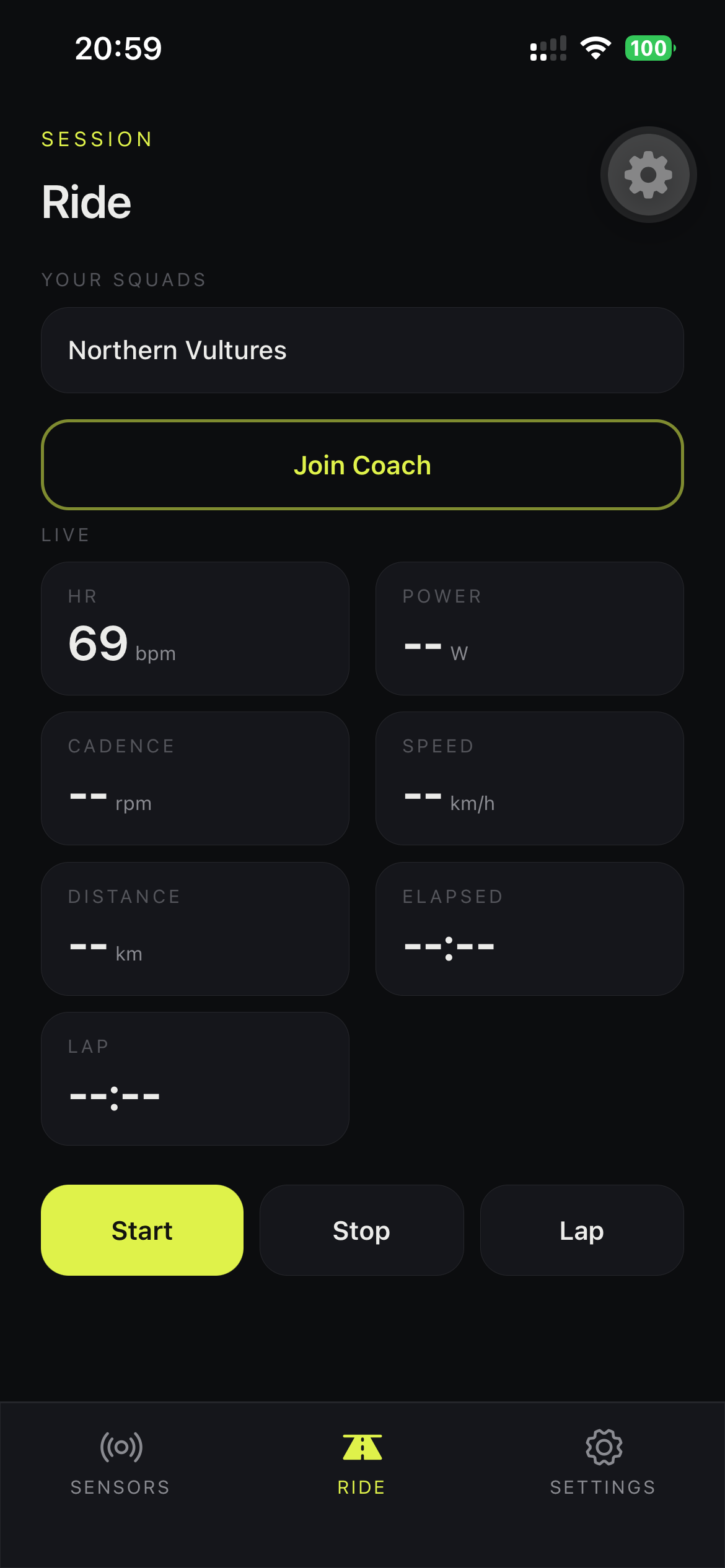Serpin ride screen showing live heart rate, power, cadence and speed